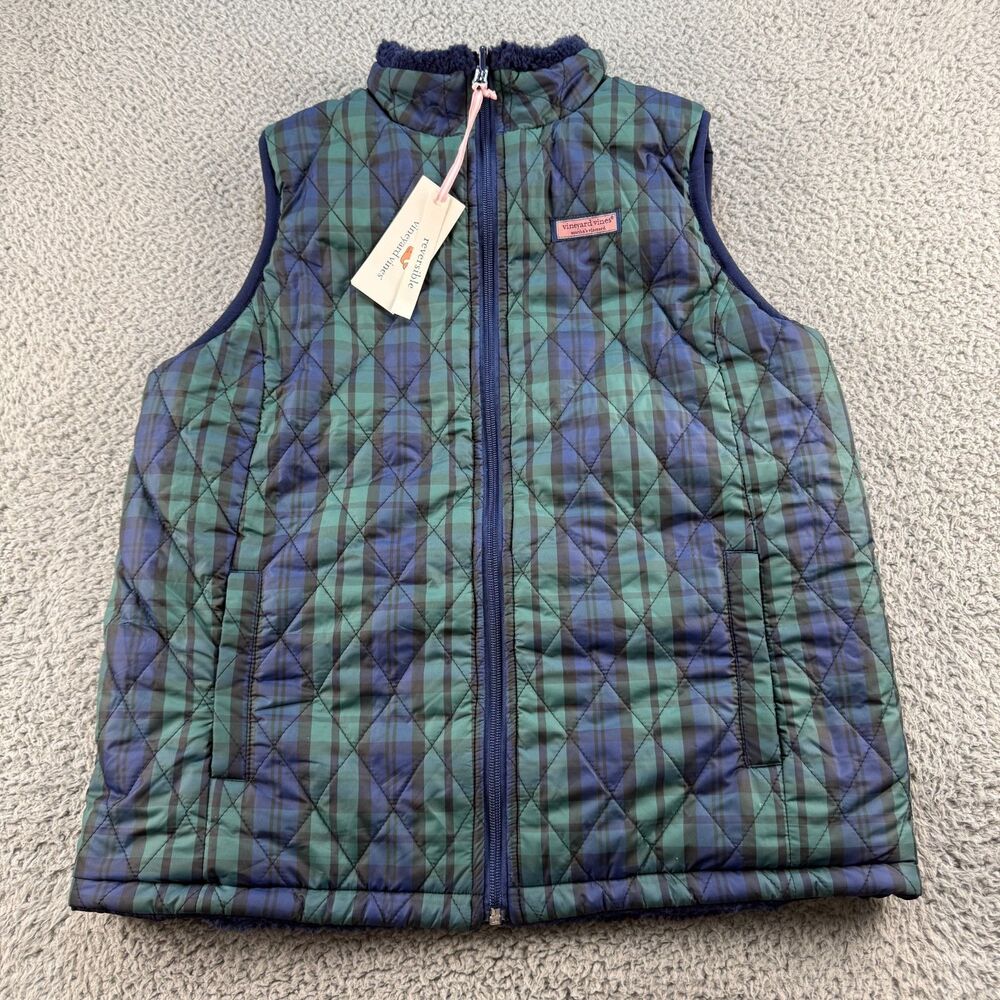 Vineyard Vines Blackwatch Reversible Sherpa Vest Womens Small Plaid Deep Bay